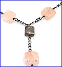 Rose Quartz Sterling Silver Necklace Y-Drop Modernist Art Deco Carved Gemstones