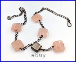 Rose Quartz Sterling Silver Necklace Y-Drop Modernist Art Deco Carved Gemstones