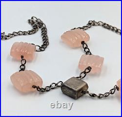 Rose Quartz Sterling Silver Necklace Y-Drop Modernist Art Deco Carved Gemstones