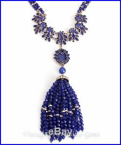 SAPPHIRE BLUE ART DECO TASSEL BEAD CRYSTAL RHINESTONE Vtg Gold Pendant Necklace
