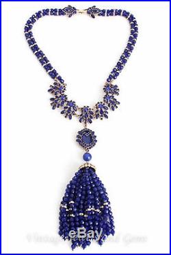 SAPPHIRE BLUE ART DECO TASSEL BEAD CRYSTAL RHINESTONE Vtg Gold Pendant Necklace