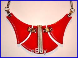 Superb Art Deco Jakob Bengel Necklace Chrome With Red Galalith Necklace