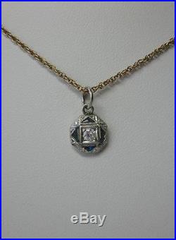 Sapphire Diamond Pendant Art Deco Necklace 14K Gold Edwardian Wedding OMC