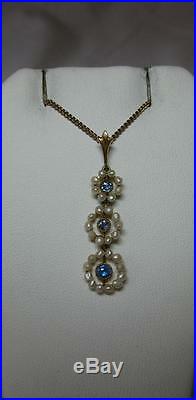 Sapphire Pearl Pendant 10K Art Deco Necklace Edwardian c1900 Belle Epoque Great