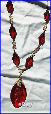 Siam Red Art Deco Intaglio Pressed Czech Glass and Brass Filigree Necklace