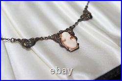 Signed ART DECO all STERLING SILVER carved Shell CAMEO Marcasite collar Necklace