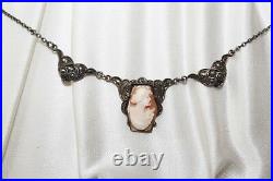 Signed ART DECO all STERLING SILVER carved Shell CAMEO Marcasite collar Necklace