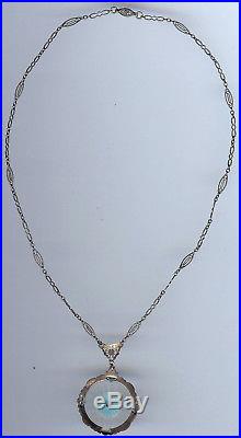 Signed Antique Art Deco Sterling Silver Camphor & Blue Glass Pendant Necklace