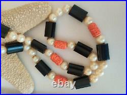 Signed Cadoro Faux Corals Pearls Onyx Beads Art Deco Revival Long Necklace Rare