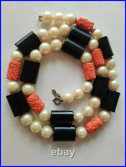 Signed Cadoro Faux Corals Pearls Onyx Beads Art Deco Revival Long Necklace Rare