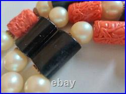 Signed Cadoro Faux Corals Pearls Onyx Beads Art Deco Revival Long Necklace Rare