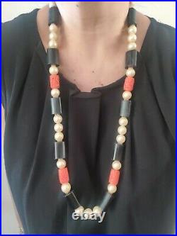 Signed Cadoro Faux Corals Pearls Onyx Beads Art Deco Revival Long Necklace Rare