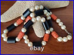 Signed Cadoro Faux Corals Pearls Onyx Beads Art Deco Revival Long Necklace Rare