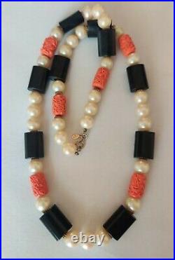 Signed Cadoro Faux Corals Pearls Onyx Beads Art Deco Revival Long Necklace Rare