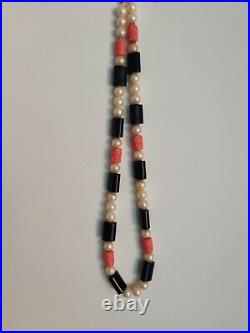 Signed Cadoro Faux Corals Pearls Onyx Beads Art Deco Revival Long Necklace Rare