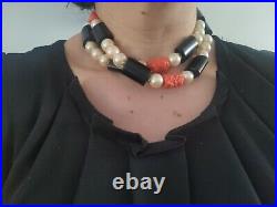 Signed Cadoro Faux Corals Pearls Onyx Beads Art Deco Revival Long Necklace Rare