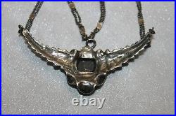 Signed HMN Art Deco Vintage Sterling Silver Repousse Marcasite Onyx Necklace