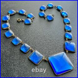 Signed MADE IN CZECHOSLOVAKIA Vintage Art Deco Sapphire Glass Necklace RARE! 372
