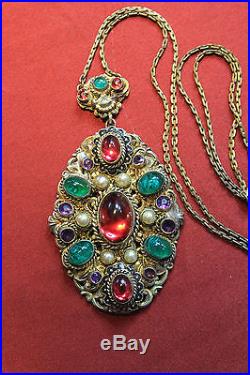 Signed Max Neiger Jewel tones Czech Glass, Brass, Enamel Art Deco Necklace