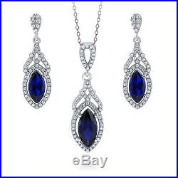 Silver Marquise Simulated Sapphire CZ Art Deco Halo Necklace Earrings Set