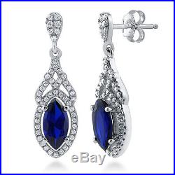 Silver Marquise Simulated Sapphire CZ Art Deco Halo Necklace Earrings Set