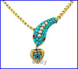 Solid 925 Silver Natural Turquoise Pearl Victorian Art Deco Snake Necklace