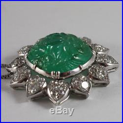 Solid Platinum Diamonds Carved Emerald Pendant Necklace Art Deco Flower 18k Gold