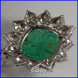 Solid Platinum Diamonds Carved Emerald Pendant Necklace Art Deco Flower 18k Gold