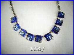 Spectacular Vintage Art Deco Blue Square Czech Glass Open Back Necklace