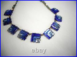 Spectacular Vintage Art Deco Blue Square Czech Glass Open Back Necklace