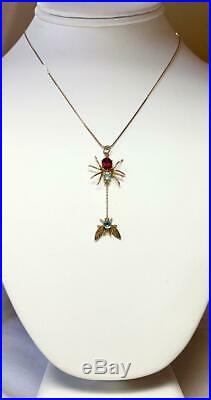 Spider and Fly Pendant Necklace Aquamarine Garnet Gold Antique Art Deco Insect