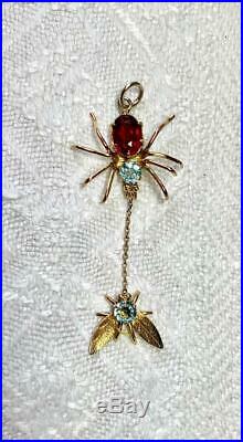 Spider and Fly Pendant Necklace Aquamarine Garnet Gold Antique Art Deco Insect