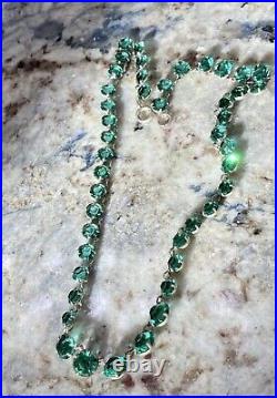 Sterling Antique Art Deco Emerald Green Paste Rhinestones Chocker Necklace