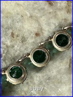Sterling Antique Art Deco Emerald Green Paste Rhinestones Chocker Necklace