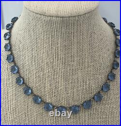 Sterling Art Deco Necklace Blue Crystal Open Back Faceted Vintage Victorian Look