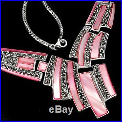Sterling Silver 925 Pink Mother of Pearl & Marcasite Art Deco Necklace 17 Inch