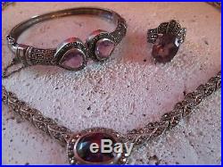 Sterling Silver ART DECO Amethyst Marcasite Choker Necklace Bracelet & Ring Set
