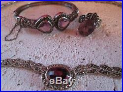 Sterling Silver ART DECO Amethyst Marcasite Choker Necklace Bracelet & Ring Set