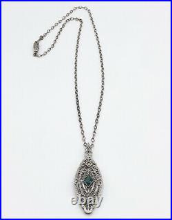 Sterling Silver Art Deco Filigree Green Glass Rhinestone Pendant Necklace