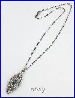 Sterling Silver Art Deco Filigree Green Glass Rhinestone Pendant Necklace