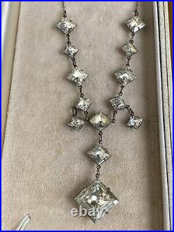Sterling Silver Art Deco Necklace Dropper Paste Crystal Closed Back Bezel Set