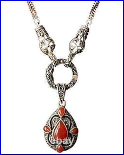 Sterling Silver Art Deco Revival Necklace Marcasite & Carnelian Lariat