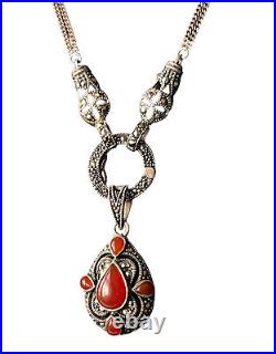 Sterling Silver Art Deco Revival Necklace Marcasite & Carnelian Lariat