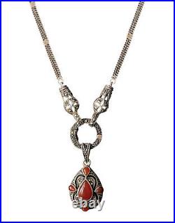 Sterling Silver Art Deco Revival Necklace Marcasite & Carnelian Lariat