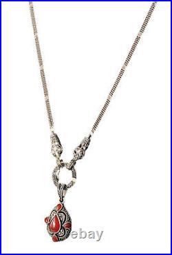 Sterling Silver Art Deco Revival Necklace Marcasite & Carnelian Lariat