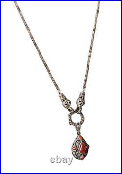 Sterling Silver Art Deco Revival Necklace Marcasite & Carnelian Lariat