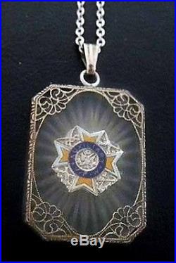 Sterling VFW Camphor Glass Pendant Necklace ART DECO /Edwardian 1920s Auxiliary