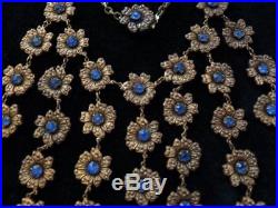Stunning 1930's Art Deco Czech Flower & Blue Rhinestone Bib Statement Necklace