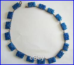 Stunning Antique Art Deco Blue Molded Glass Necklace with Green Enamel Back