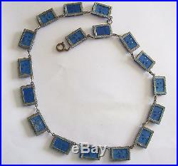 Stunning Antique Art Deco Blue Molded Glass Necklace with Green Enamel Back